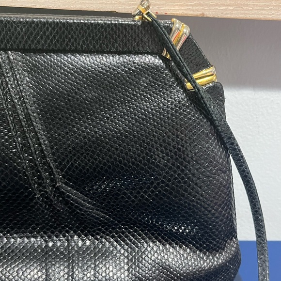 Judith Leiber Leather Snakeskin Reptile Bag Purse Clutch Black Gold Vintage 80s - Picture 5 of 12